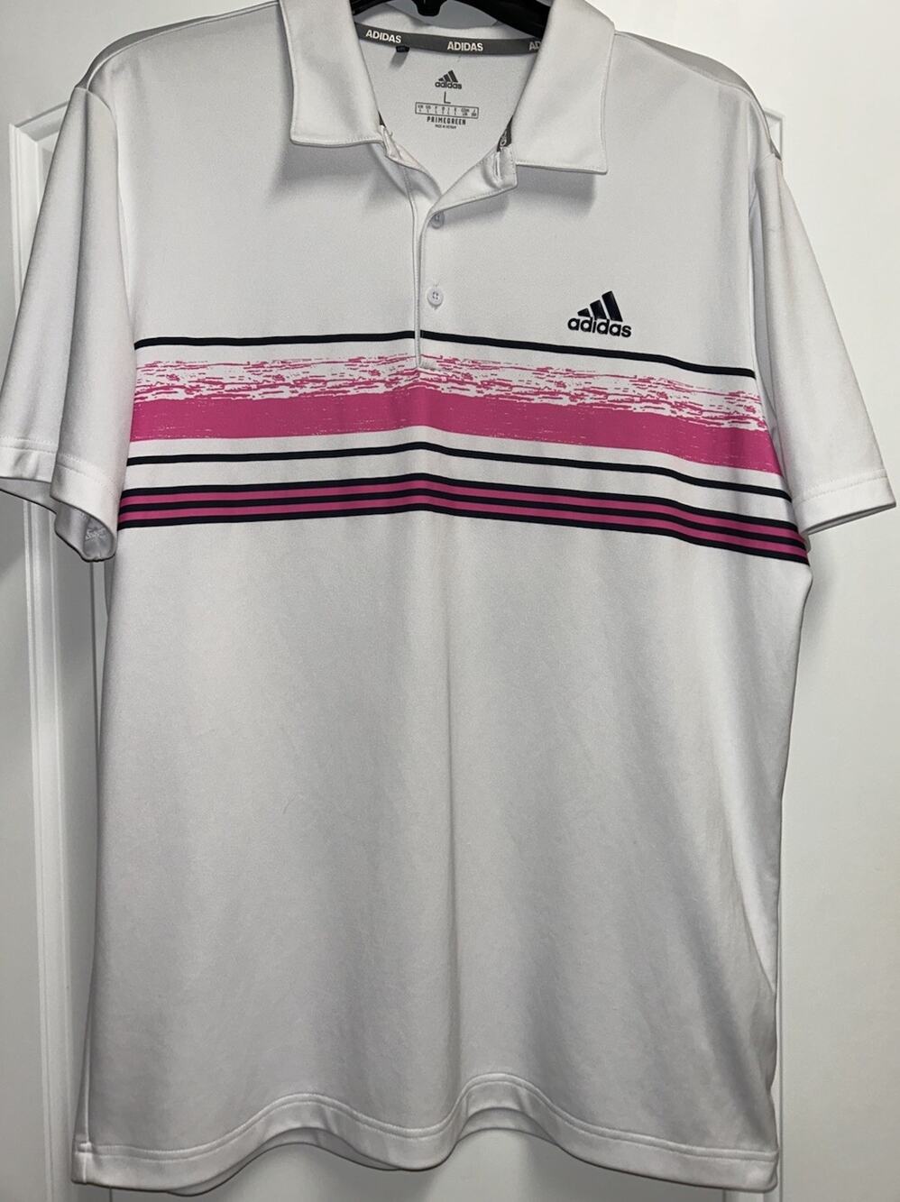 Adidas Men Polo Golf Collared White Pink Striped Short Sleeve Shirt Men’s Large